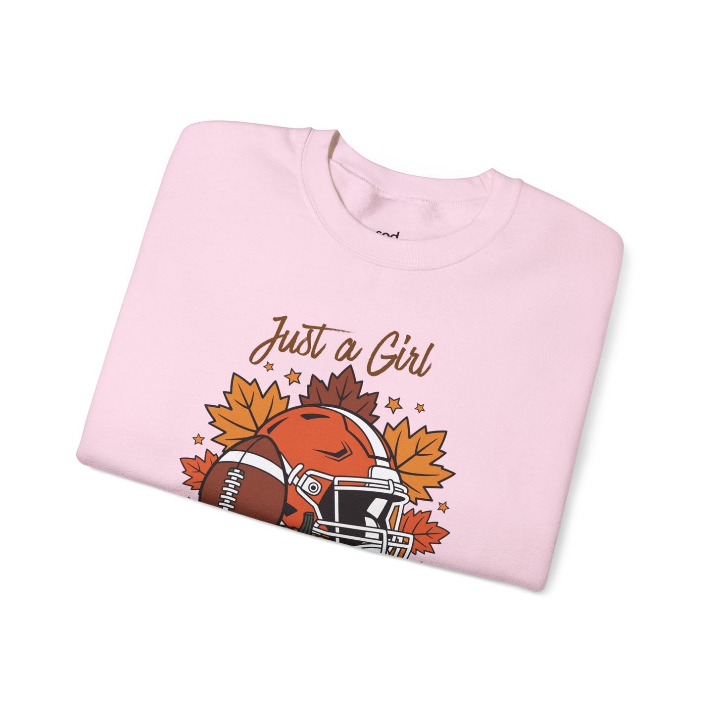 Just a Girl Who Loves Fall Crewneck Sweatshirt Football, Pumpkins & Autumn Leaves