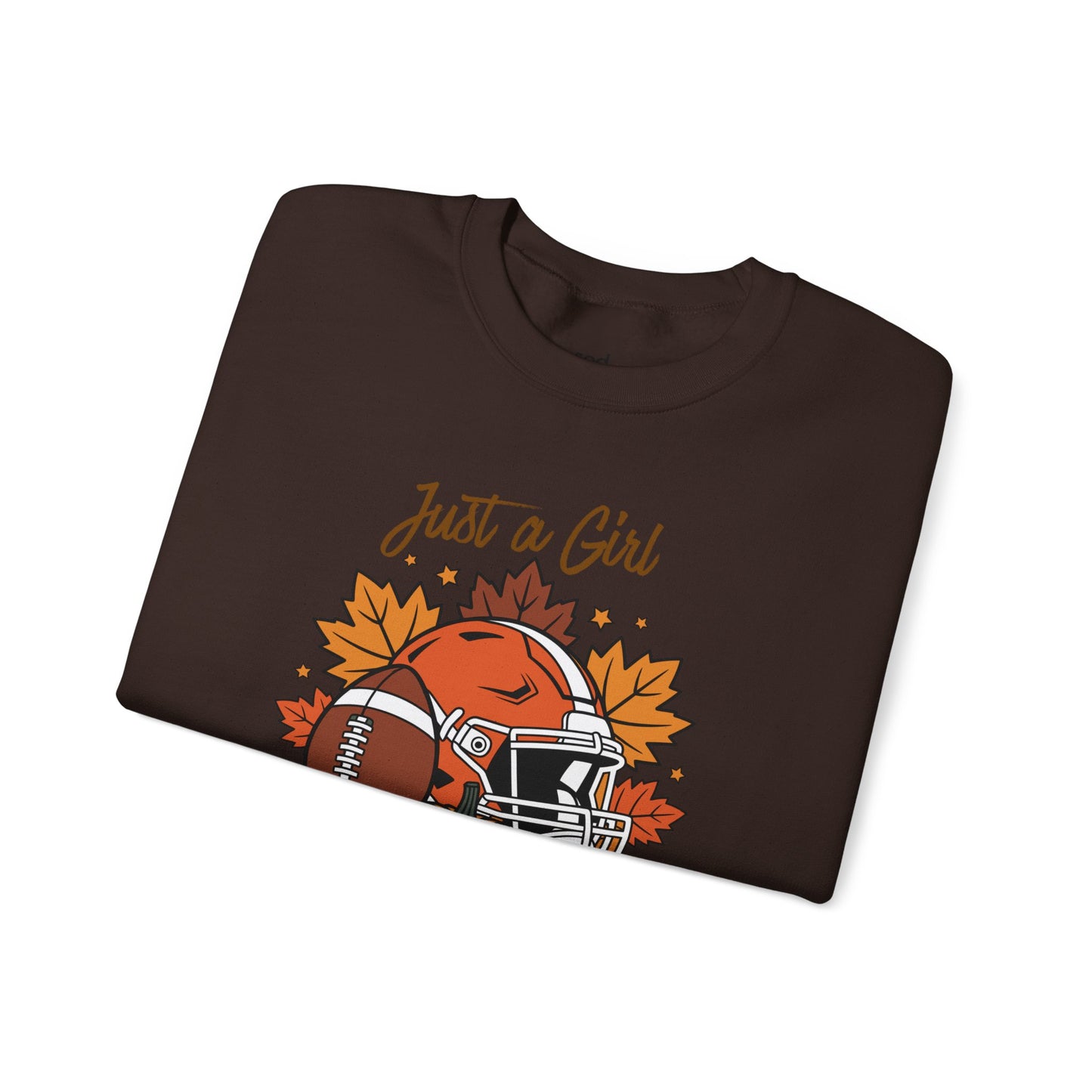 Just a Girl Who Loves Fall Crewneck Sweatshirt Football, Pumpkins & Autumn Leaves