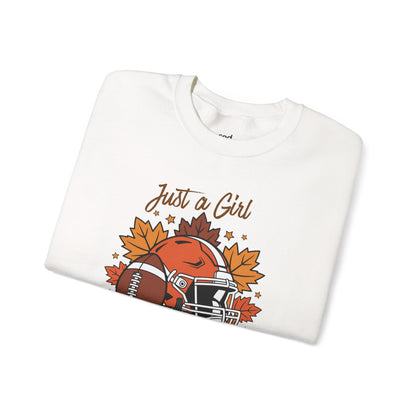 Just a Girl Who Loves Fall Crewneck Sweatshirt Football, Pumpkins & Autumn Leaves