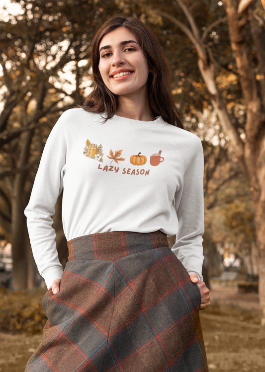 "Lazy Season" - Women's Casual Crewneck Sweatshirt - Cozy Fall Vibes, Pumpkin Sweatshirt, Fall Sweatshirt