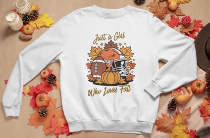 Just a Girl Who Loves Fall Crewneck Sweatshirt Football, Pumpkins & Autumn Leaves
