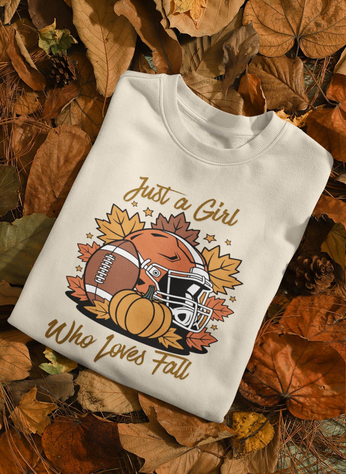 Just a Girl Who Loves Fall Crewneck Sweatshirt Football, Pumpkins & Autumn Leaves