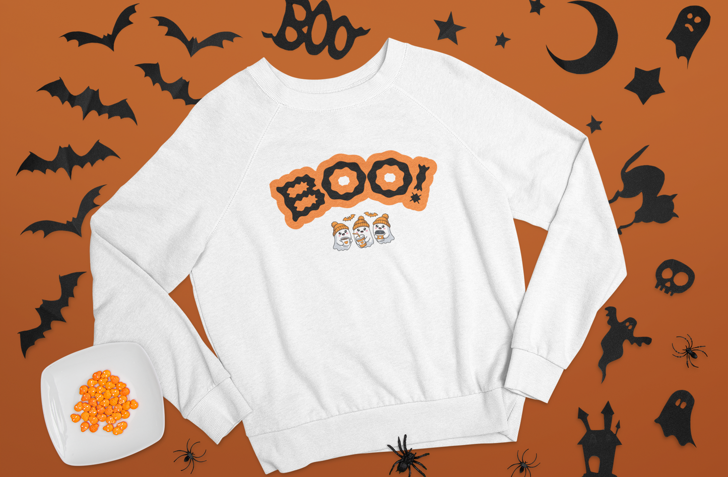 Women “BOO!” Halloween Crewneck Sweatshirt with Ghosts