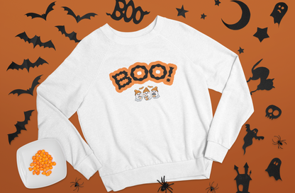 Women “BOO!” Halloween Crewneck Sweatshirt with Ghosts
