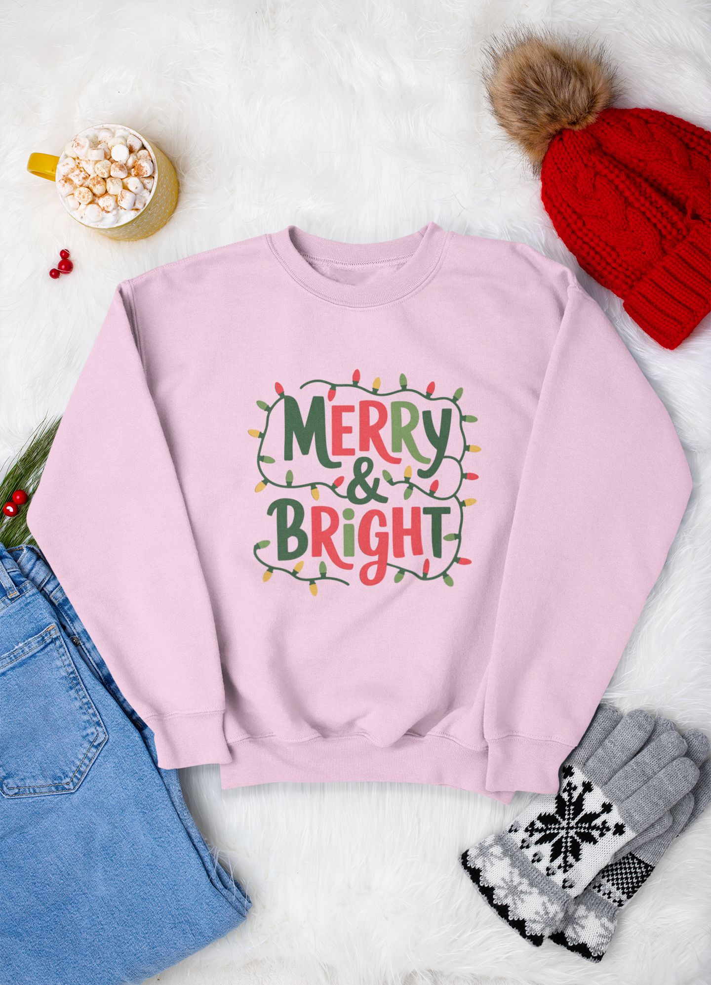 Merry and Bright Crewneck Sweatshirt, Festive Christmas Lights Design Cozy Holiday Sweater, Festive Crewneck, Gift for Her