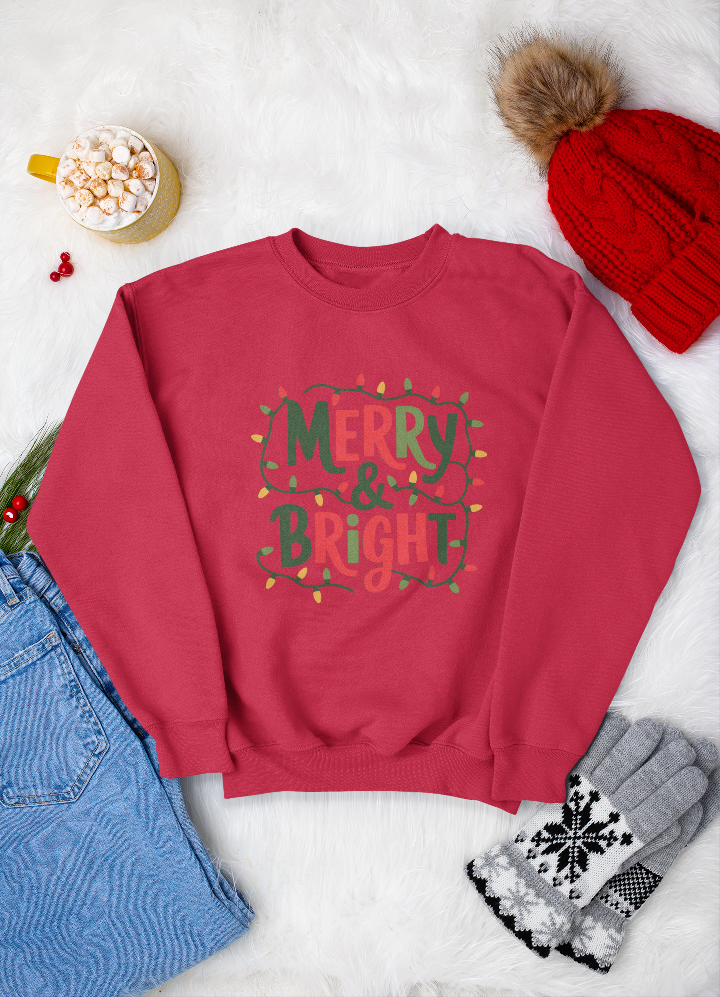 Merry and Bright Crewneck Sweatshirt, Festive Christmas Lights Design Cozy Holiday Sweater, Festive Crewneck, Gift for Her