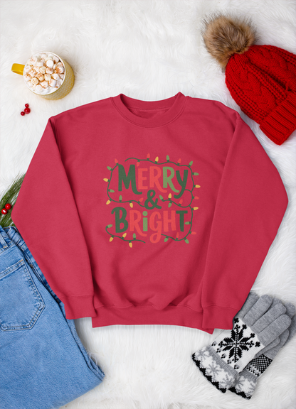 Merry and Bright Crewneck Sweatshirt, Festive Christmas Lights Design Cozy Holiday Sweater, Festive Crewneck, Gift for Her