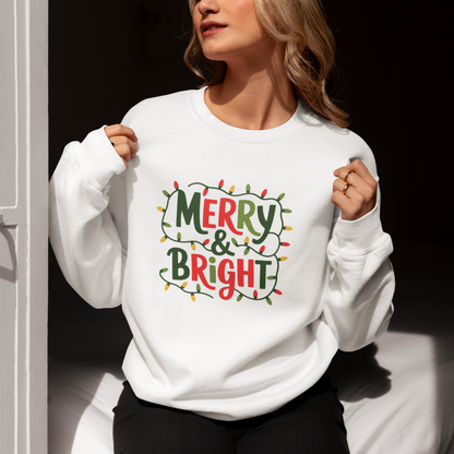Merry and Bright Crewneck Sweatshirt, Festive Christmas Lights Design Cozy Holiday Sweater, Festive Crewneck, Gift for Her