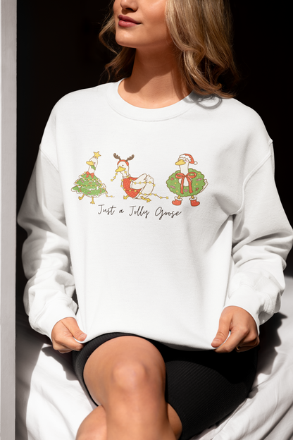 Just a Jolly Goose Crewneck Sweatshirt, Festive Christmas Geese Design, Christmas Gifts for Her, Cozy Apparel for Winter