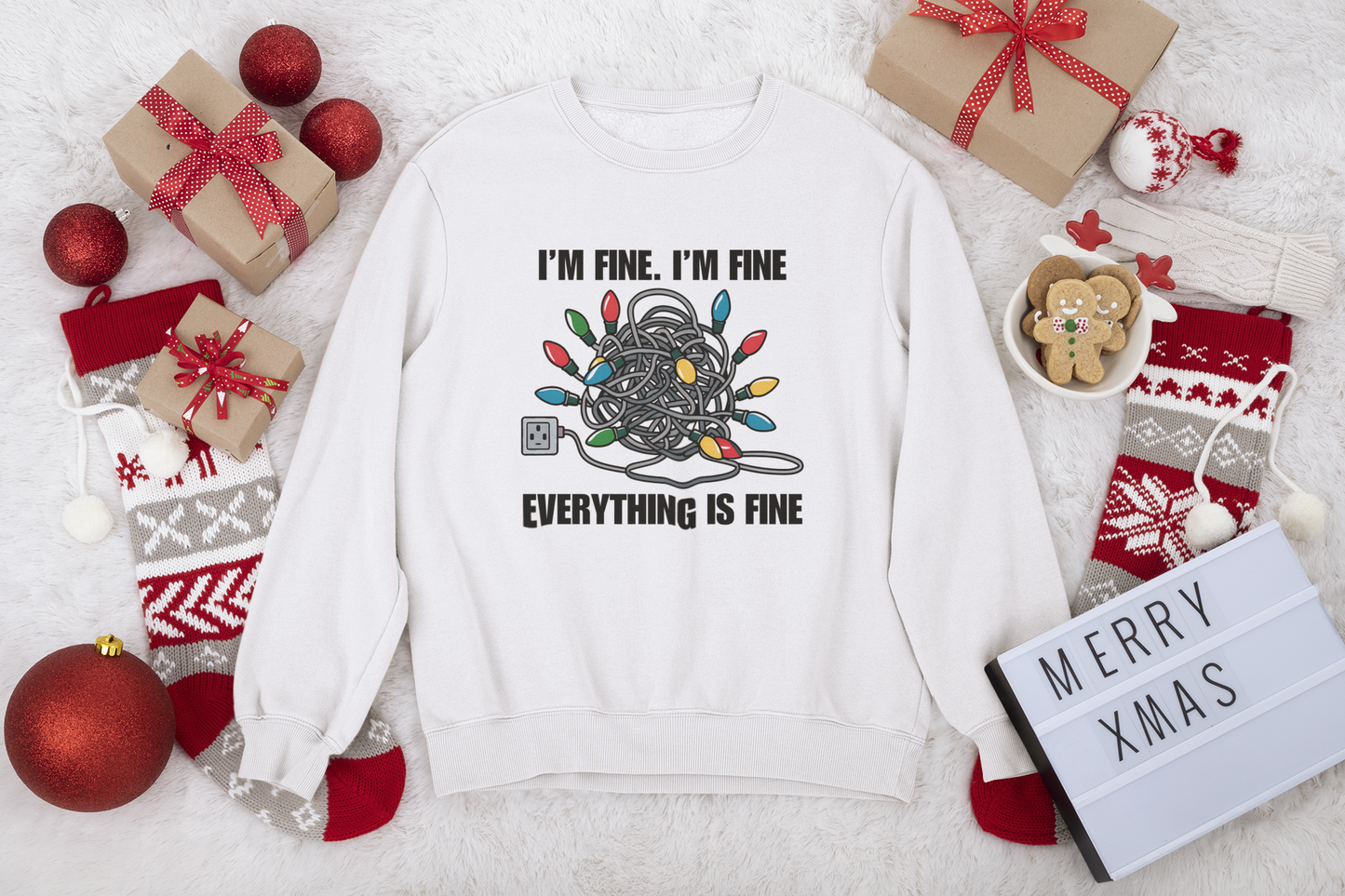 Im Fine Christmas Lights Crewneck Sweatshirt , Women Festive Crewneck Sweatshirt, Cozy Gift for Christmas, Ugly Christmas Sweater