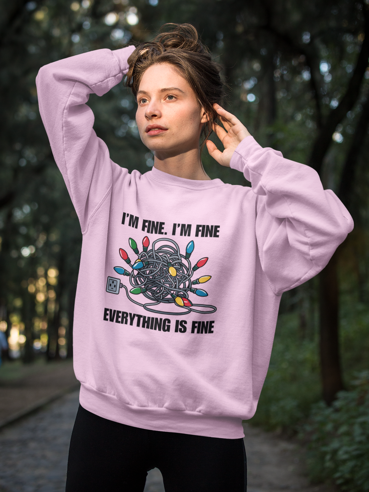 Im Fine Christmas Lights Crewneck Sweatshirt , Women Festive Crewneck Sweatshirt, Cozy Gift for Christmas, Ugly Christmas Sweater