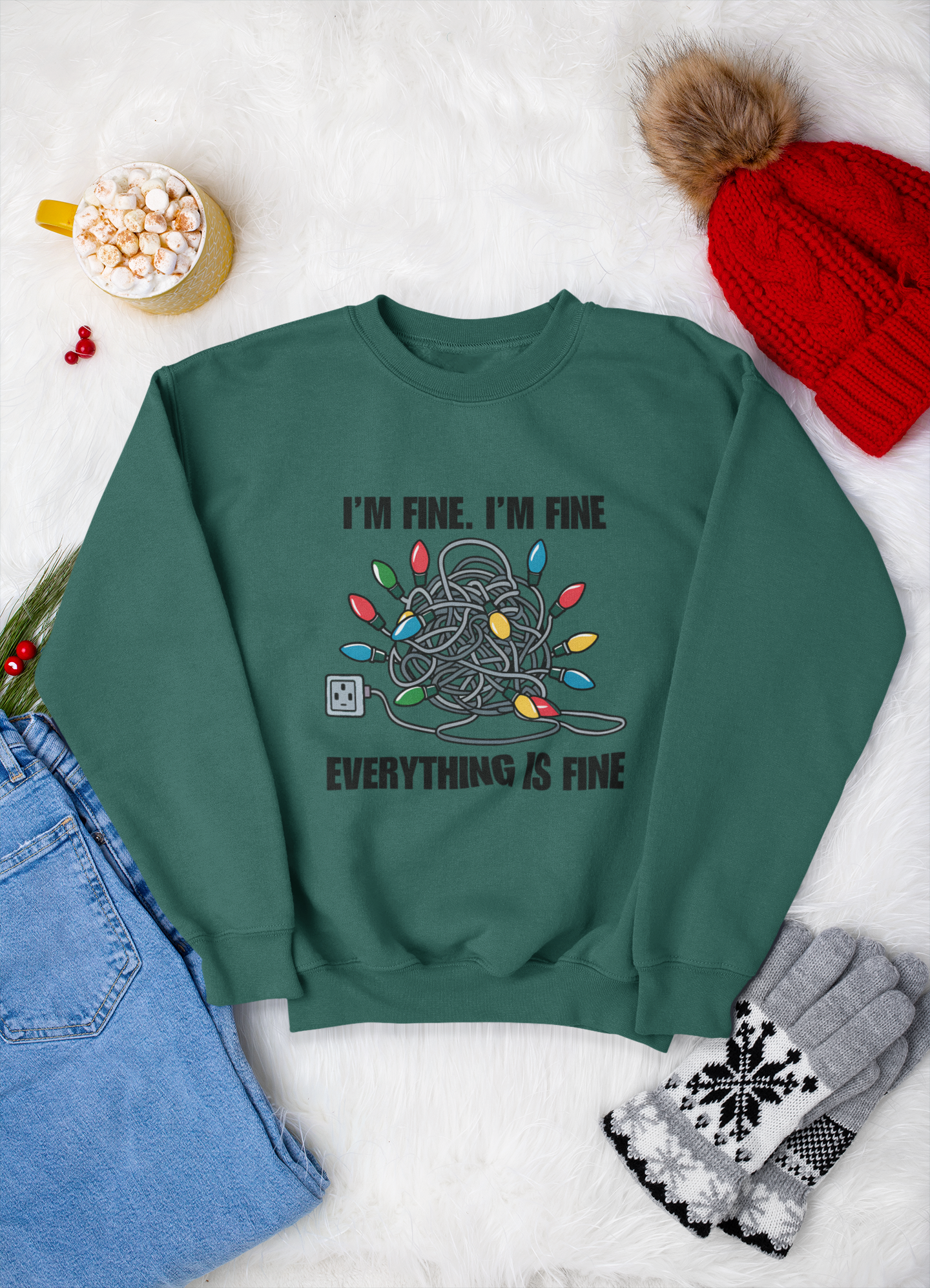 Im Fine Christmas Lights Crewneck Sweatshirt , Women Festive Crewneck Sweatshirt, Cozy Gift for Christmas, Ugly Christmas Sweater